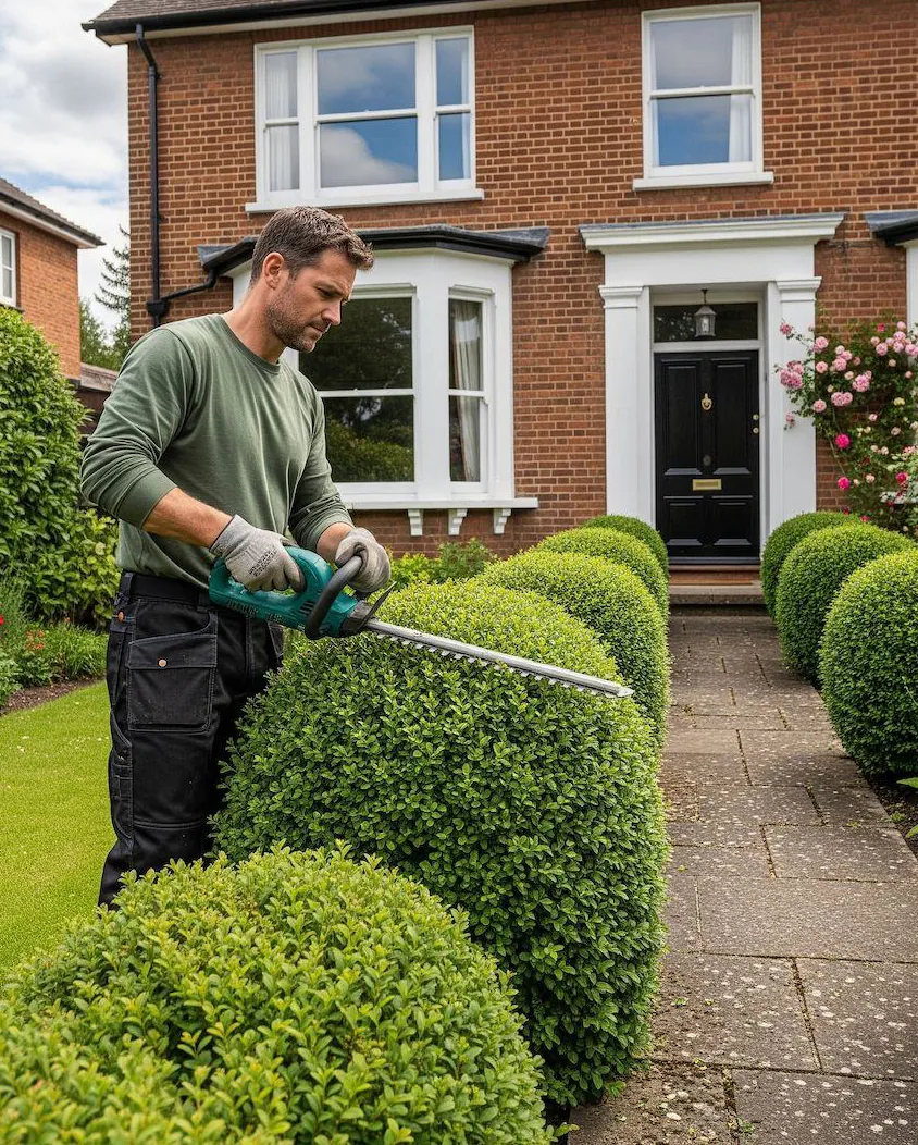 Gardener trimming round hedges along a front path