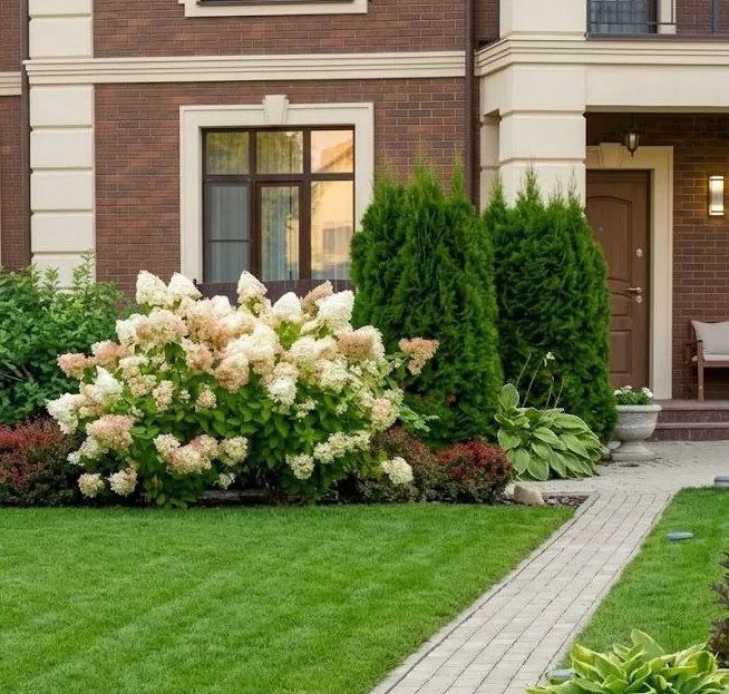The front lawn after: an even lawn, neat path and planting