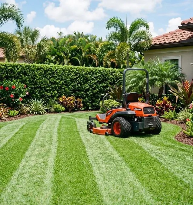 Ride-on mower striping a tropical lawn
