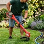 Gardener using a trimmer beside a flower border