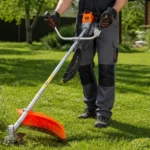 Gardener trimming grass with a string trimmer