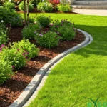 Curved lawn edge beside a freshly mulched flower bed