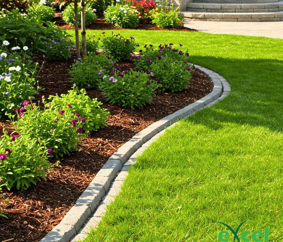 Curved lawn edge beside a freshly mulched flower bed