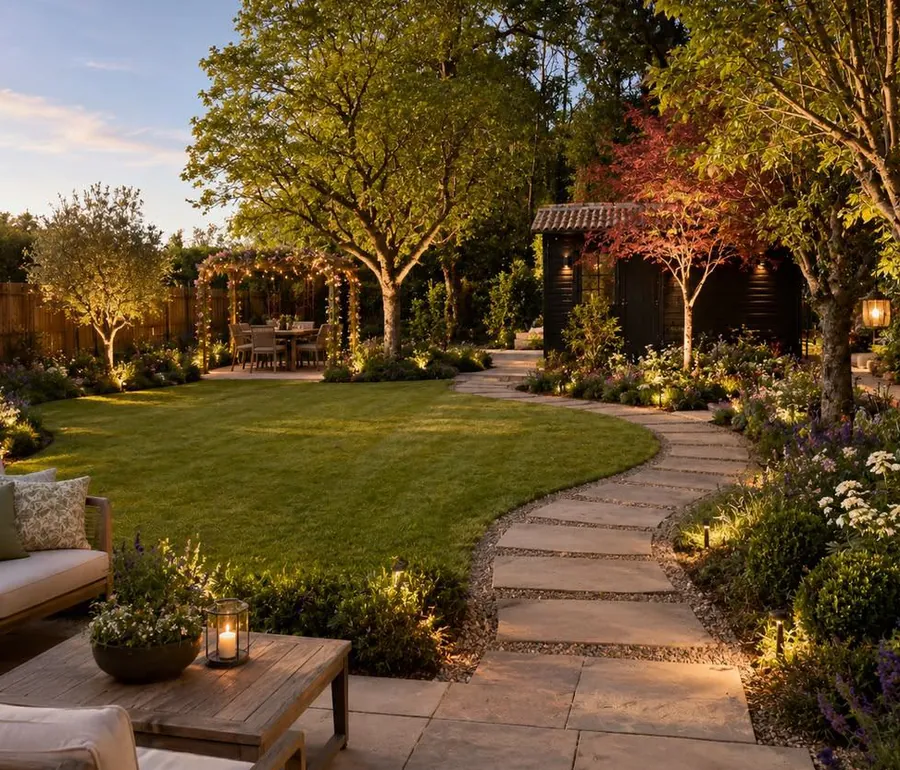 Healthy green lawn with a curved path at sunset