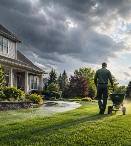 Freshly striped front lawn with a red push mower beside the path
