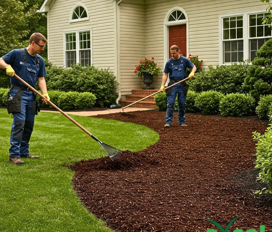 Two gardeners spreading fresh mulch around a garden bed