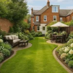 Brick house garden with a curved lawn, seating and planting