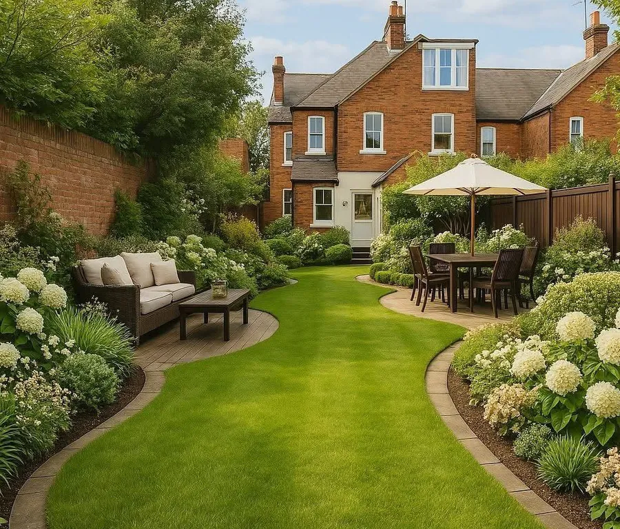 Brick house garden with a curved lawn, seating and planting