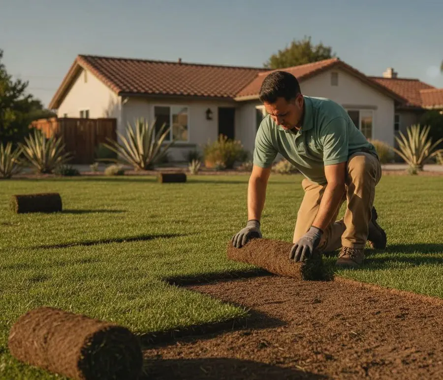 Gardener laying new turf in front of a house