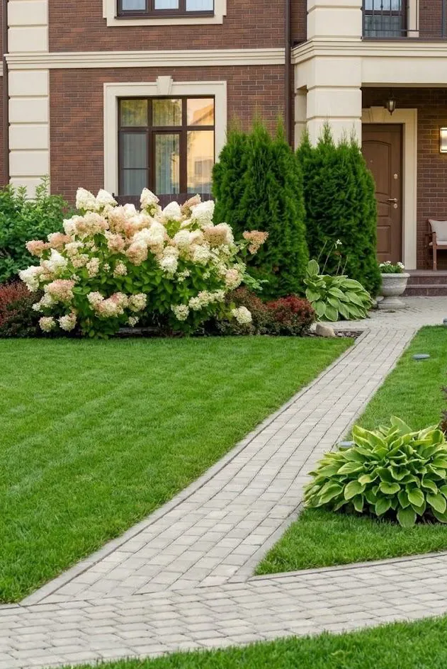 Brick house with a neat lawn, path and hydrangeas