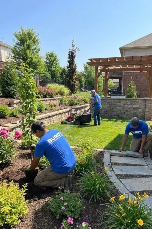 Landscapers planting a new garden bed