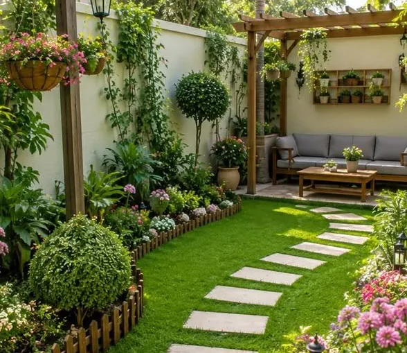 Garden path through lush planting and hanging baskets