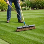 Gardener sweeping a freshly cut lawn