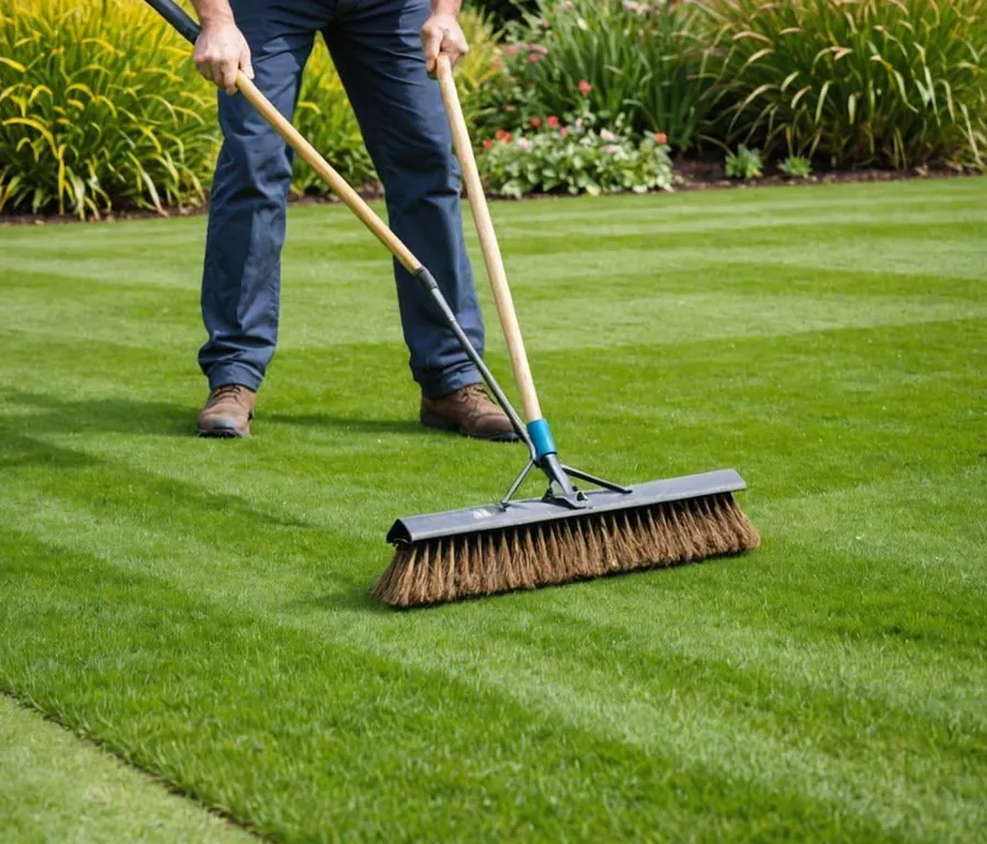Gardener sweeping a freshly cut lawn
